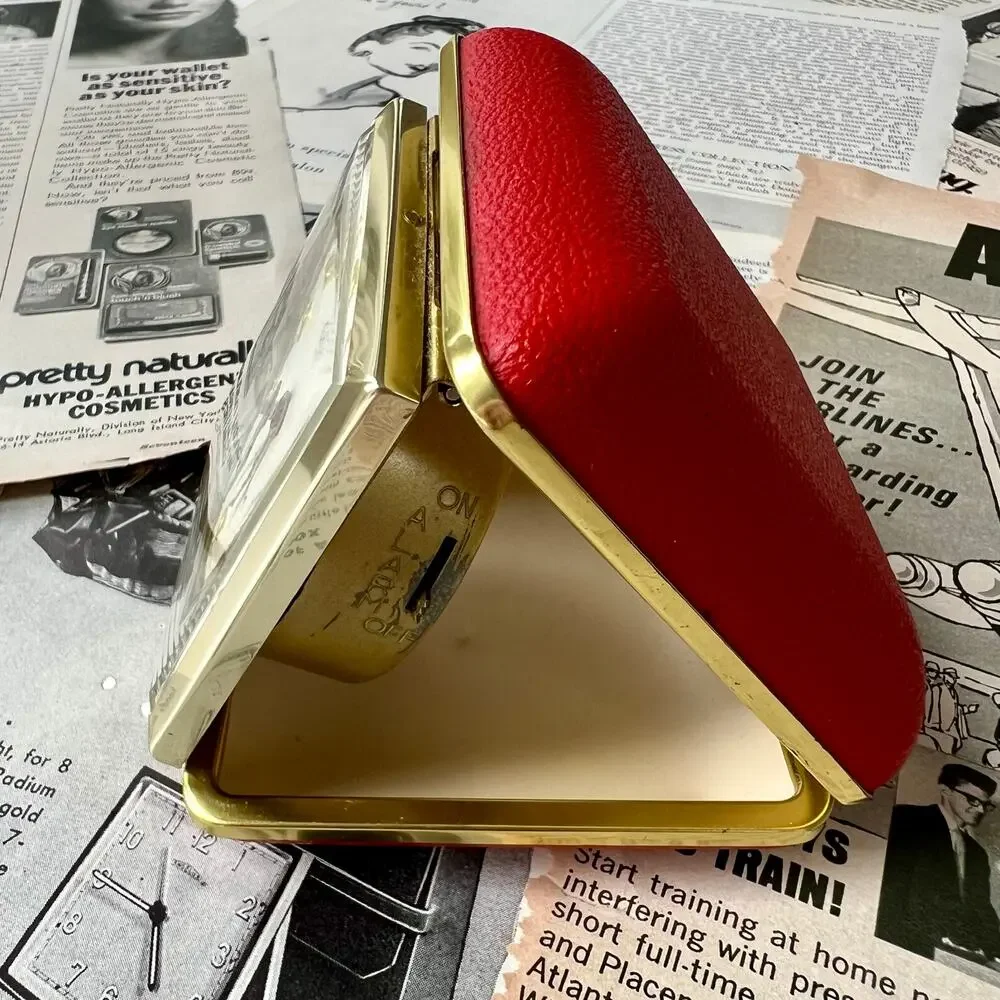 Vintage 1950s‎ Rensie Red Travel Alarm Clock Japan Brass Folding Case Working